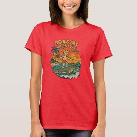 Coastal Life Alligator Surfing Retro FL Surf Beach Tシャツ (正面)