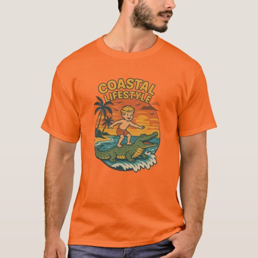 Coastal Life Alligator Surfing Retro FL Surf Beach Tシャツ (正面)