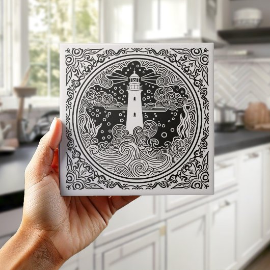 Coastal Life Series Lighthouse B & W D1208 タイル