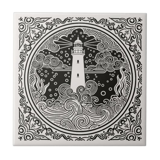 Coastal Life Series Lighthouse B & W D1208 タイル (正面)