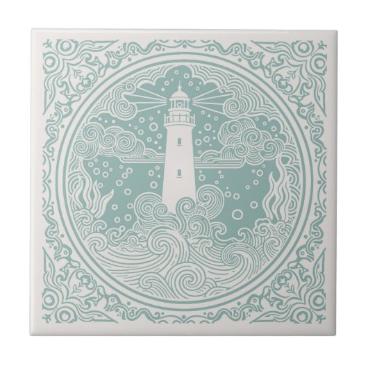 Coastal Life Series Lighthouse Teal D1208 タイル (正面)