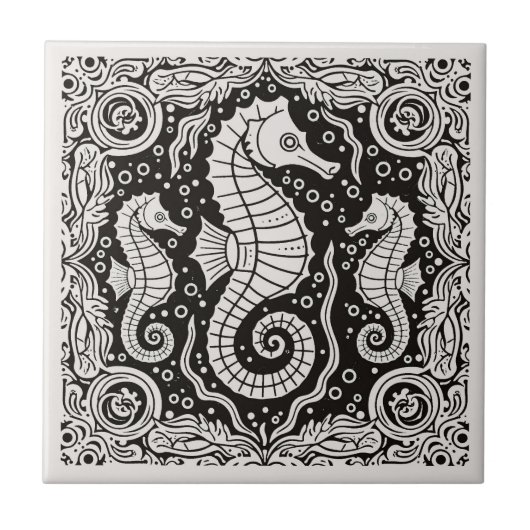 Coastal Life Series Seahorse B & W D1208 タイル (正面)