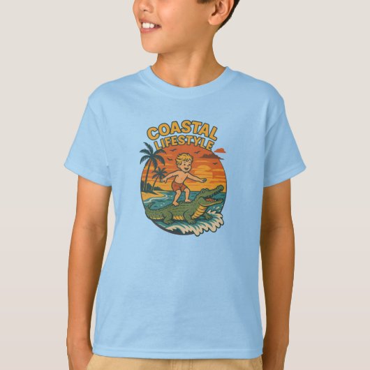 Coastal Lifestyle Gator Surfing -Retro Beach Kid's Tシャツ (正面)