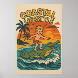 Coastal Lifestyle Gator Surfing - Retro Surf Beach ポスター