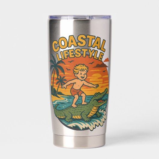 Coastal Lifestyle Gator Surfing - Retro Surf Beach 保温保冷タンブラー (正面)