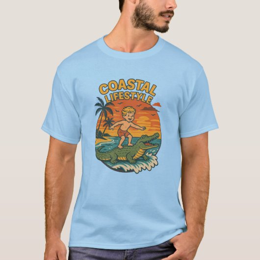 Coastal Lifestyle Gator Surfing - Retro Surf Beach Tシャツ (正面)