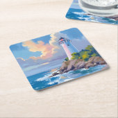 Coastal Lighthouse | Blue Ocean Waves Sea スクエアペーパーコースター (アングル)