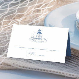 Coastal Lighthouse Blue Toile Wedding プレイスカード