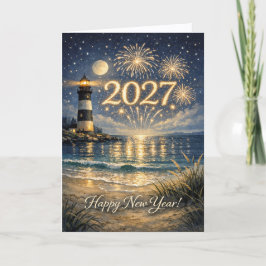 Coastal Lighthouse Fireworks Happy New Year 2027 シーズンカード