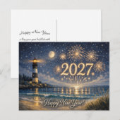 Coastal Lighthouse Fireworks Happy New Year 2027 シーズンポストカード (正面/裏面)