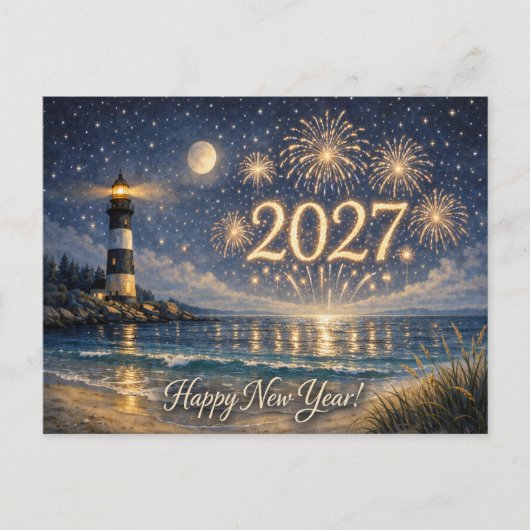 Coastal Lighthouse Fireworks Happy New Year 2027 シーズンポストカード (正面)