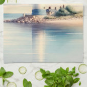 Coastal Lighthouse Seagulls Pastel Sky Serenity キッチンタオル (折り畳み)