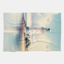 Coastal Lighthouse Seagulls Pastel Sky Serenity キッチンタオル