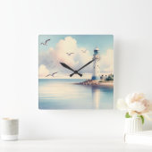 Coastal Lighthouse Seagulls Pastel Sky Serenity スクエア壁時計 (ホーム)