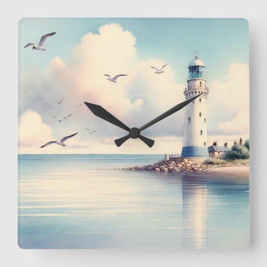 Coastal Lighthouse Seagulls Pastel Sky Serenity スクエア壁時計 (正面)