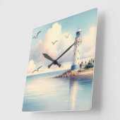 Coastal Lighthouse Seagulls Pastel Sky Serenity スクエア壁時計 (傾斜)