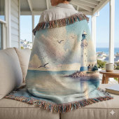 Coastal Lighthouse Seagulls Pastel Sky Serenity スローブランケット