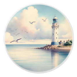 Coastal Lighthouse Seagulls Pastel Sky Serenity セラミックノブ