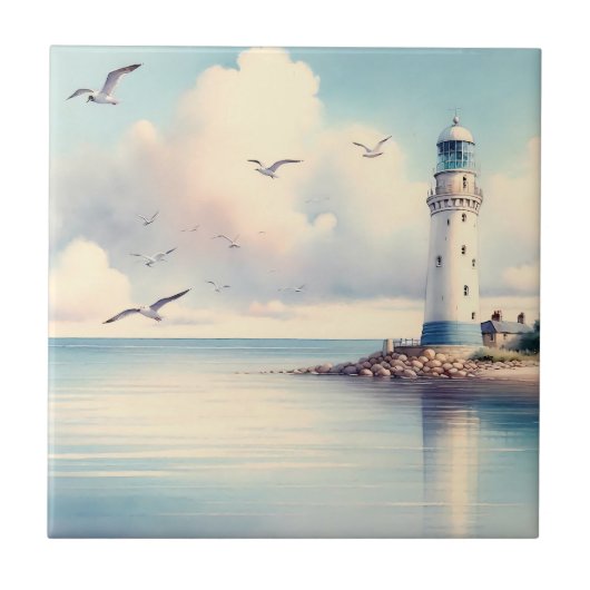 Coastal Lighthouse Seagulls Pastel Sky Serenity タイル (正面)