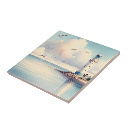 Coastal Lighthouse Seagulls Pastel Sky Serenity タイル (側面)