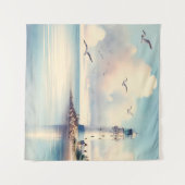 Coastal Lighthouse Seagulls Pastel Sky Serenity タペストリー (正面(横))