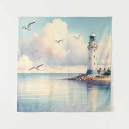 Coastal Lighthouse Seagulls Pastel Sky Serenity タペストリー