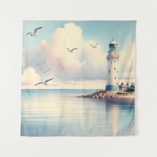 Coastal Lighthouse Seagulls Pastel Sky Serenity タペストリー (正面)