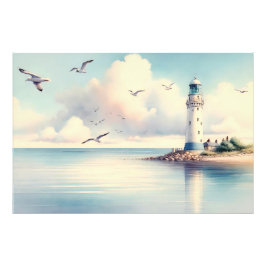 Coastal Lighthouse Seagulls Pastel Sky Serenity フォトプリント