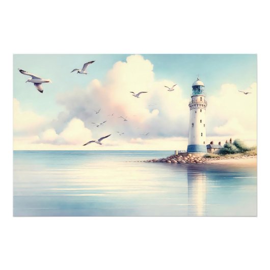 Coastal Lighthouse Seagulls Pastel Sky Serenity フォトプリント (正面)