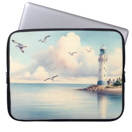 Coastal Lighthouse Seagulls Pastel Sky Serenity ラップトップスリーブ