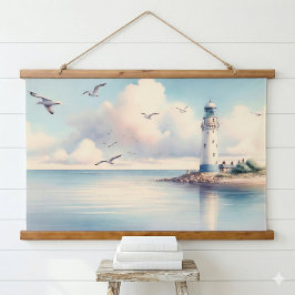 Coastal Lighthouse Seagulls Pastel Sky Serenity 吊り下げ型タペストリー