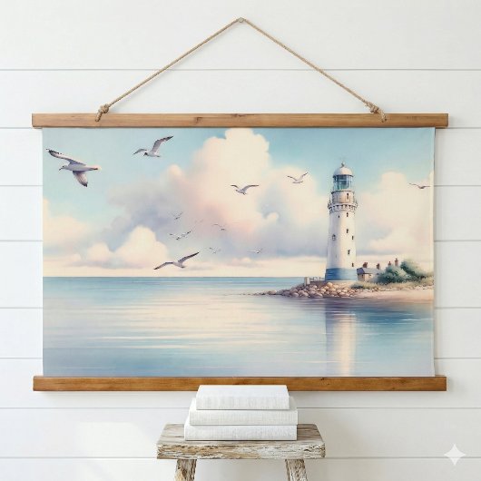 Coastal Lighthouse Seagulls Pastel Sky Serenity 吊り下げ型タペストリー