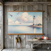 Coastal Lighthouse Seagulls Pastel Sky Serenity 吊り下げ型タペストリー
