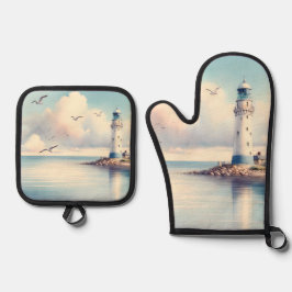 Coastal Lighthouse Seagulls Pastel Sky Serenity 鍋つかみ&鍋敷きセット