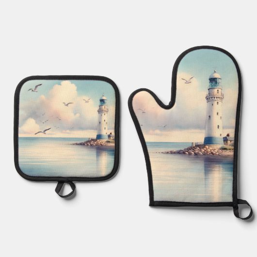 Coastal Lighthouse Seagulls Pastel Sky Serenity 鍋つかみ&鍋敷きセット (正面)