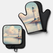 Coastal Lighthouse Seagulls Pastel Sky Serenity 鍋つかみ&鍋敷きセット (正面/裏面)