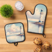 Coastal Lighthouse Seagulls Pastel Sky Serenity 鍋つかみ&鍋敷きセット (トップダウン)