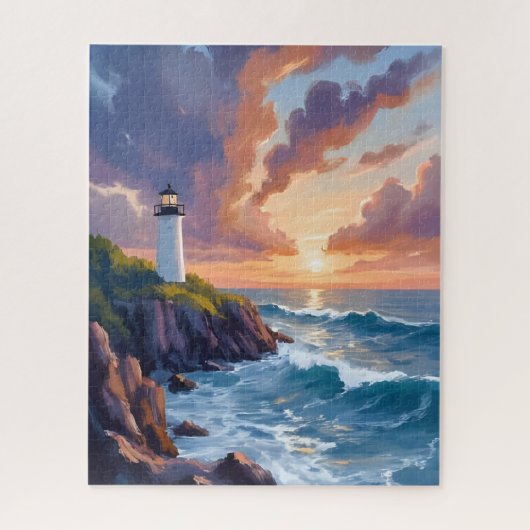 Coastal Lighthouse Sunset | Beach Ocean Painting ジグソーパズル (縦)