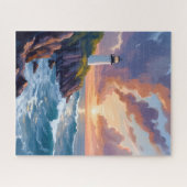 Coastal Lighthouse Sunset | Beach Ocean Painting ジグソーパズル (横)