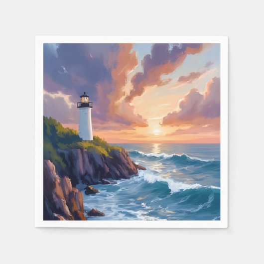 Coastal Lighthouse Sunset | Beach Ocean Painting スタンダードカクテルナプキン (正面)