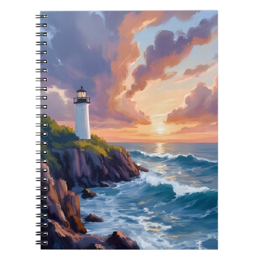 Coastal Lighthouse Sunset | Beach Ocean Painting ノートブック (正面)