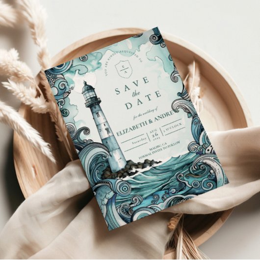 Coastal Lighthouse Wave Wedding セーブザデート