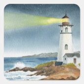 Coastal Lighthouse with Light Beam スクエアシール (正面)