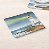 Coastal Lighthouse with Light Beam スクエアペーパーコースター (アングル)