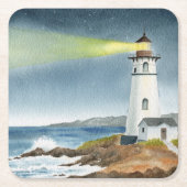 Coastal Lighthouse with Light Beam スクエアペーパーコースター (正面)