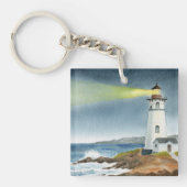 Coastal Lighthouse with Light Beam Postcard キーホルダー (正面)
