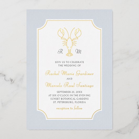 Coastal Lobster Minimalist Preppy Wedding 箔招待状 (正面)