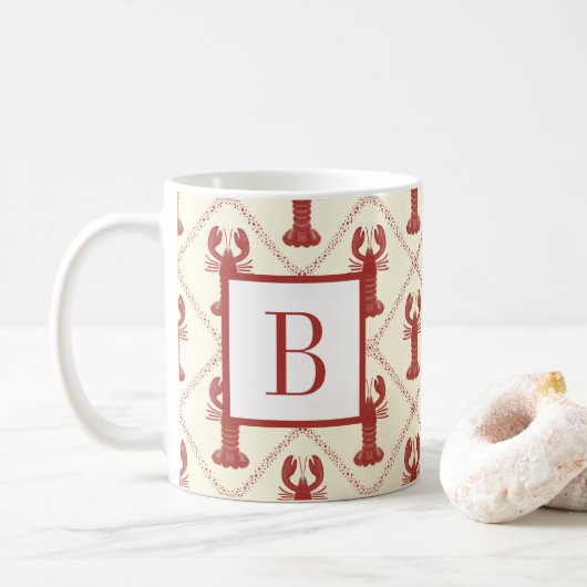 Coastal Lobster Red Cream Diamond Initial Monogram コーヒーマグカップ (ドーナツ)