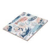 Coastal Lobster Seafood Blue Peach Nautical タイル (側面)