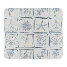 Coastal Mediterranean Faux Tile Linen Cobalt カッティングボード